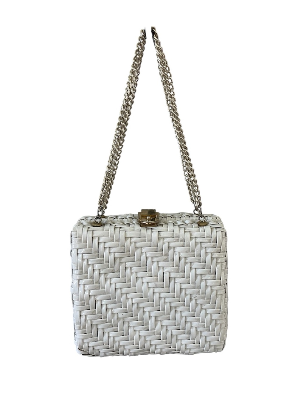 Vintage White Woven Box Bag Gold Chain Shoulder Purse Made in Hong Kong Bridal R